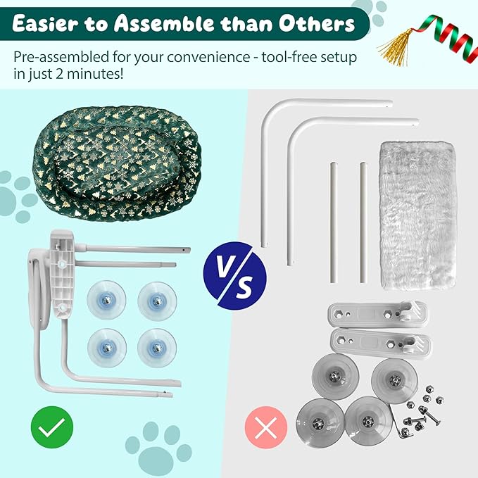 L&W BROS. 2-Pack Foldable Cat Window Perches with Christmas Cushion Bed Easy to Assemble Cats Hammock for Window, Warm Indoor Cat Beds for Large Cats, Edition(L Green)