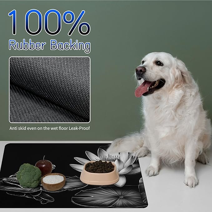 Dog Food Mat, 15.7" x 23.6" Absorbent Pet Feeding Mat for Food and Water, Waterproof Diatom Mud Pet Placemat with Non-Slip Rubber Backing, Cat Bowl Mat for Floors - Grey Lotus Leaf Frog