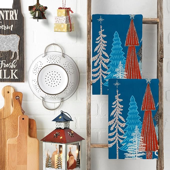 Blue Red Christmas Tree Hand Towels Set of 2 Xmas Watercolor Pine Trees Absorbent Bathroom Towel Soft Decorative Towels for Bathroom, Hotel 29.1 X 13.8 Inch