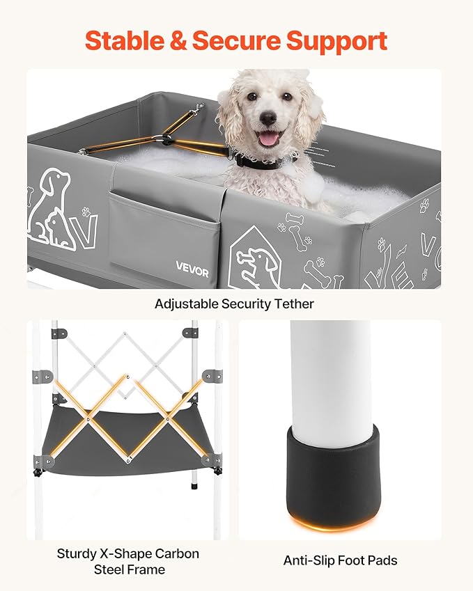 VEVOR Dog Bathtub, Elevated Dog Bath Tub, Collapsible Pet Bathing Grooming Wash Station, Portable Foldable Space-Saving, with Built-in Drain Hose for Small and Medium Pet Cat Indoor & Outdoor, Gray