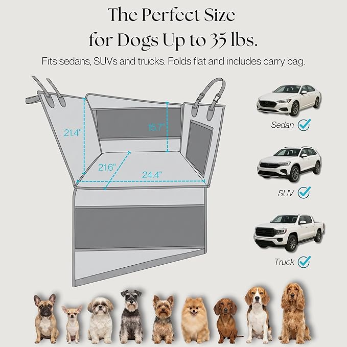 Dog Car Seat Cover with Hard Bottom – Back Seat Extender for Dogs Up to 35 lbs, Waterproof Non-Slip Hammock, Rigid Reinforced Base with Triple Security System, Storage Pockets, fits Cars SUVs Trucks