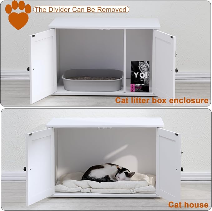 Timberer Cat Litter Box Enclosure, Litter Box Furniture Hidden with Removable Divider, Wooden Cat Washroom Furniture, Indoor Cat House, White