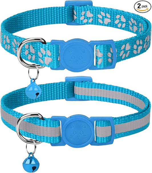 Taglory Kitten Collar Breakaway with Bell, Reflective Soft Cat Collar for Small Kittens, Adjustable 6-8 Inch High Visibility Night Strip, Lightweight for 2-6 Months Baby Cats, 2 Pack, SkyBlue