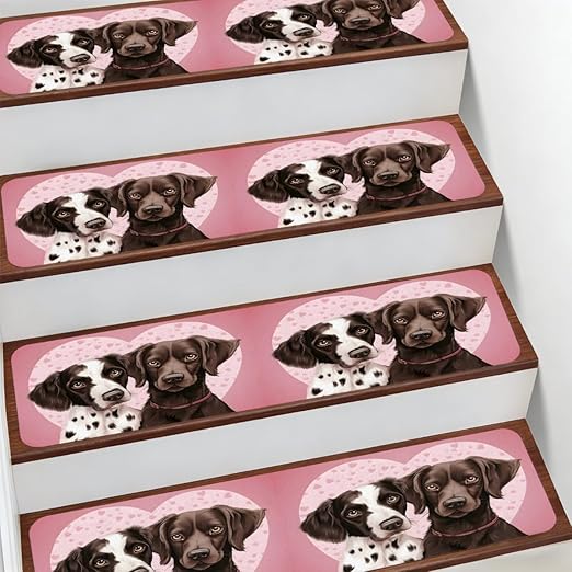 Animal Cute Dog Love Stair Treads for Wooden Steps Indoor Washable Staircase Carpet 10PCS 30"x7.8" Stair Step Treads Non-Slip Staircase Covers Peel and Stick Safety Mat for Kids Elders Pets