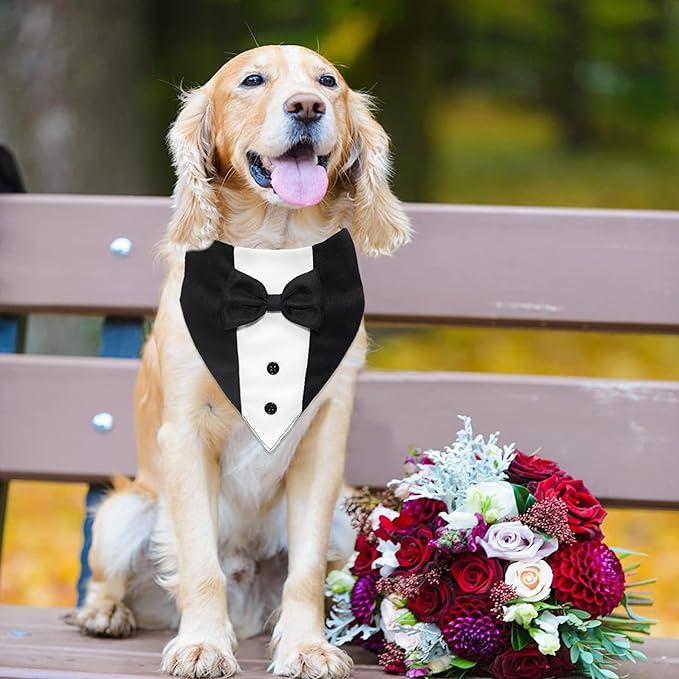 GOYOSWA Dog Tuxedo Suit Wedding Bandana Collar with Bow Tie, Adjustable Formal Dog Tux Engagement Birthday Tuxedo for Large X-Large Dogs Pets (X-Large: Neck 21"-30")