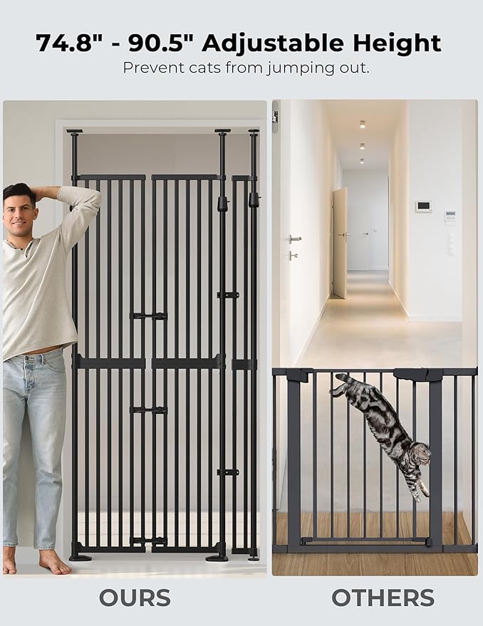 Extra Tall Cat Gate, 74.8”–90.5” High x 30.3”–38.2” Wide, No-Drill Pressure Mounted Safety Barrier for Doorways, Stairs, Hallways, Multi-Pet Separation，Black