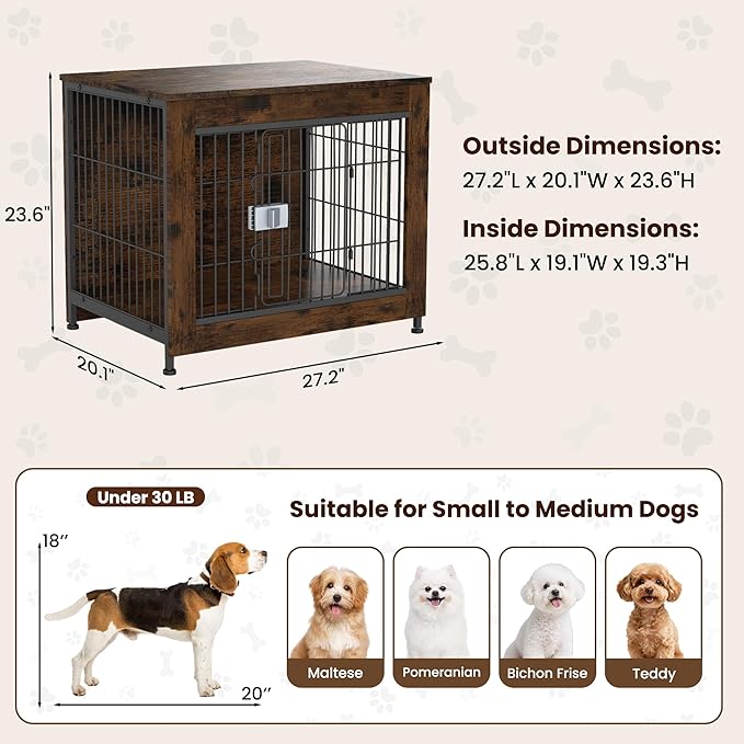 Wooden Dog Crate Furniture, 27in Dog Cage Furniture with Slide Safety Latch, Indoor Decorative End Table for High Anxiety Dogs, Furniture Style Dog Crate for Small to Medium Dogs, Aged Black