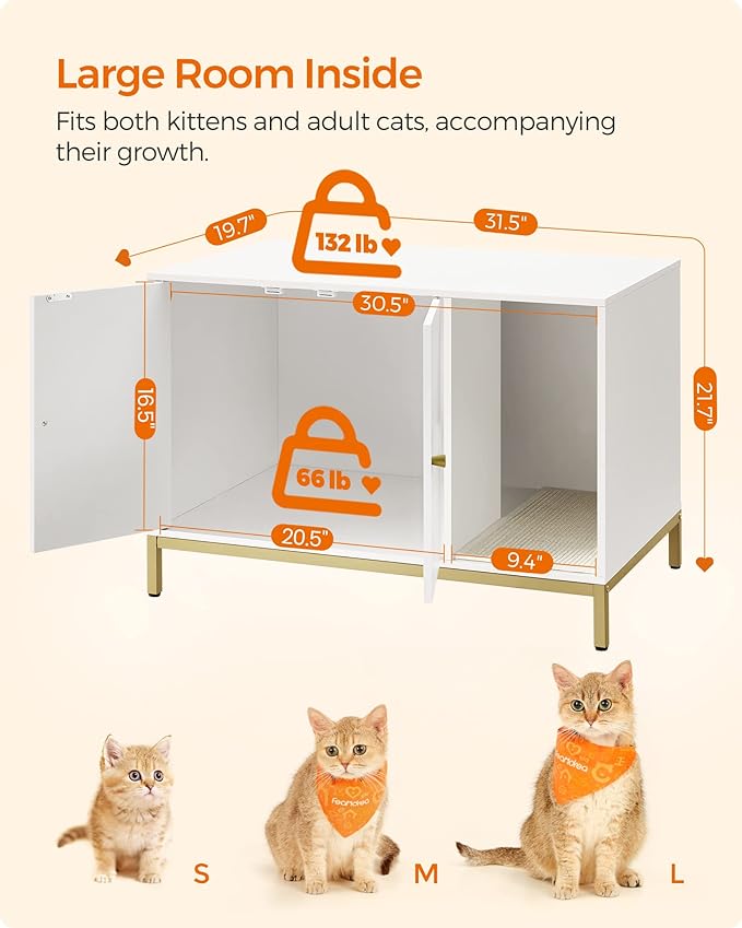 Feandrea Cat Litter Box Enclosure, Hidden Litter Box Furniture with Scratch Pad, Front Entry, Double Cabinet Doors, Modern Style, 31.5" Cat House Washroom Side End Table, White and Gold