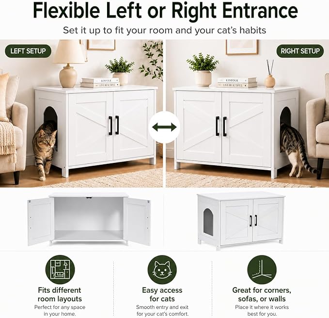 Homhedy Cat Litter Box Enclosure, Wooden Cat Washroom Furniture with Barn Door, Pet House, Fit Most of Litter Box, White