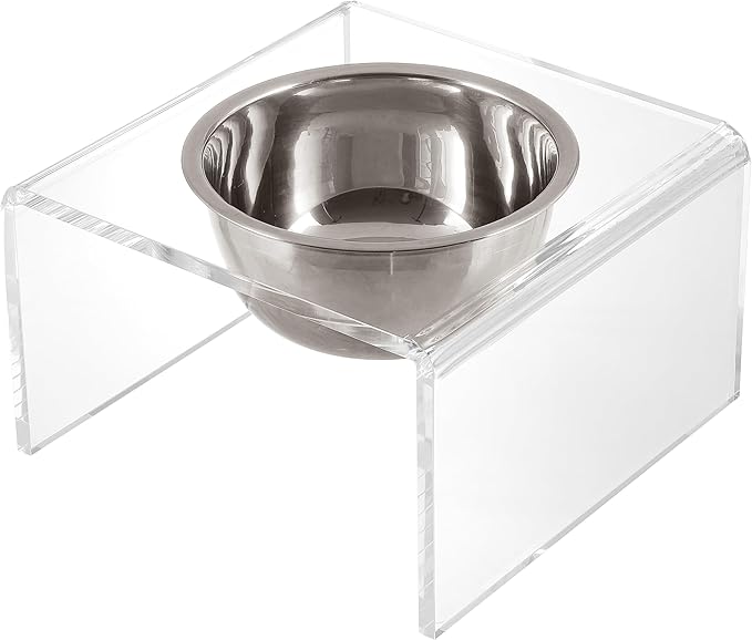 THE LICKER Store DBL2002A Keaton 5" Small/Medium Modern Acrylic Rectangular Elevated Pet Feeder with 20oz 1-Stainless Steel Bowl, Clear/Chrome
