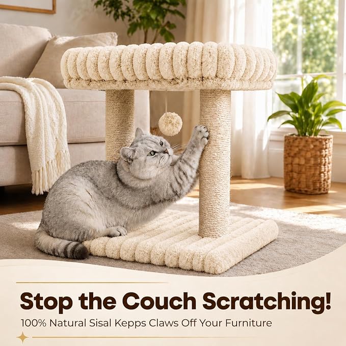 Cat Tree with Cat Scratching Post for Indoor Cats,Small Cat Tower with Soft Large Perch Bed Sisal Scratcher for Medium Cats and Kitten,Activity Play Centre Spring & Hanging Toy Balls,Beige