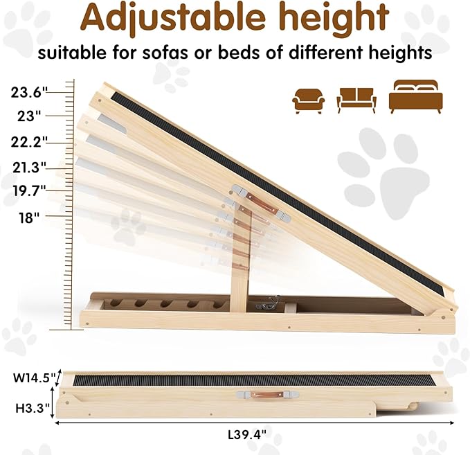Dog Ramp for Couch, Adjustable Height from 18" to 23.6", Foldable Ramps for Pets to Get on Bed with Traction Rubber Mat, Wooden Portable Stairs for Small to Large Dogs
