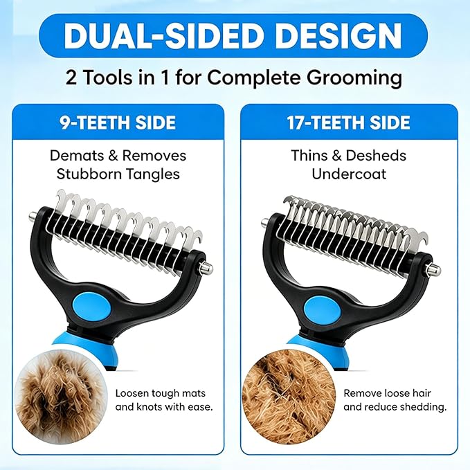 Pet Grooming Tool for Dogs & Cats, Includes Dual-Sided Dematting Comb & Stainless Steel Comb, Deshedding Brush for Long Hair, Thick & Double Coats, Pet Shedding & Loose Hair Removal Tool (Orange)