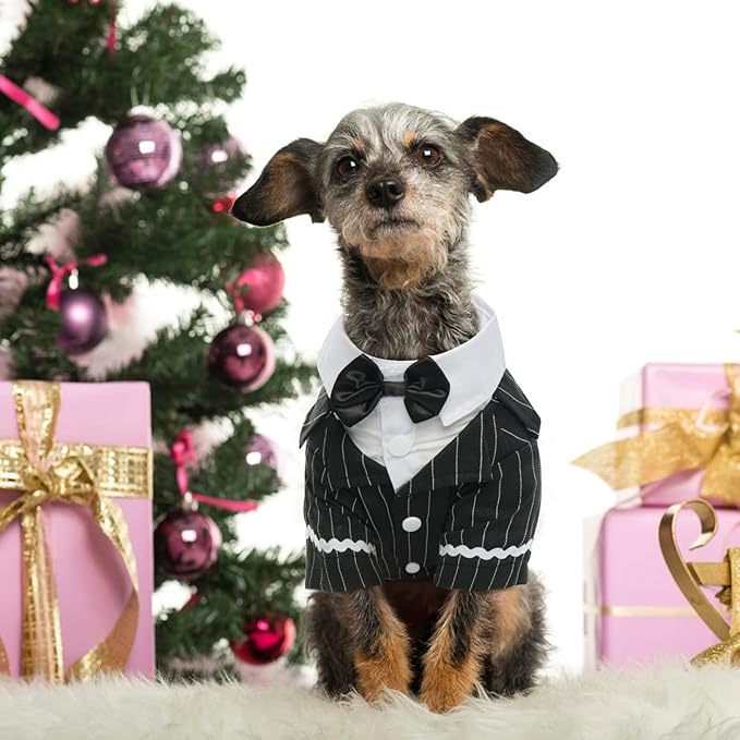 DENTRUN Dog Tuxedo Suit with Bow Tie - Formal Black & White Striped Pet Costume Shirt, Elegant Wedding Outfit Birthday Party Attire for Golden Retriever Husky Border Collie Large Dogs, XXL