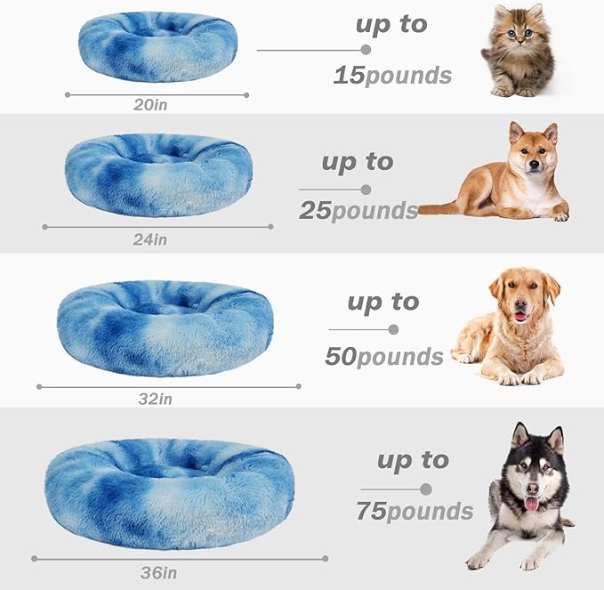 Patas Lague Calming Dog Bed for Large Dogs, Fluffy Soft Cozy Cat Bed, Faux Fur Anti-Anxiety Plush Washable Pet Donut Cuddler for All Seasons 36IN, Blue