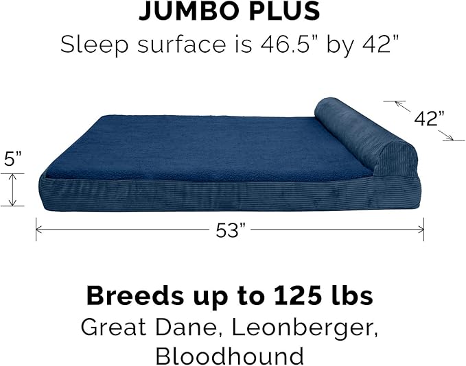 Furhaven Orthopedic Dog Bed for Large Dogs w/ Removable Bolster & Washable Cover, For Dogs Up to 125 lbs - Fleece & Corduroy Bolster Chaise - Navy Blue, Jumbo Plus/XXL