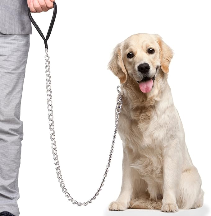 Premium Chain Heavy Duty Dog Leash - Soft Padded Leather Handle Lead - Perfect Basic Leashes Specifically Designed for Over 30KG Large Size Pets Walking (4 ft. x 5.0 mm (60-200 lbs.))