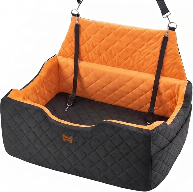 Dog Car Seat for Large Medium Dogs - Foam Dog Booster Seats up to 55 lbs, High-Depth Car Pet Seat with Storage/2 Safety Leash, Portable Travel Pet Bed for Cars, 2in, Black