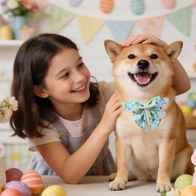Easter Dog Collar with Bow Tie, Cotton Bunny Bowtie for Large Girl Boy Dog, Cute Rabbit Pet Collar with Metal Buckle, Gift, L