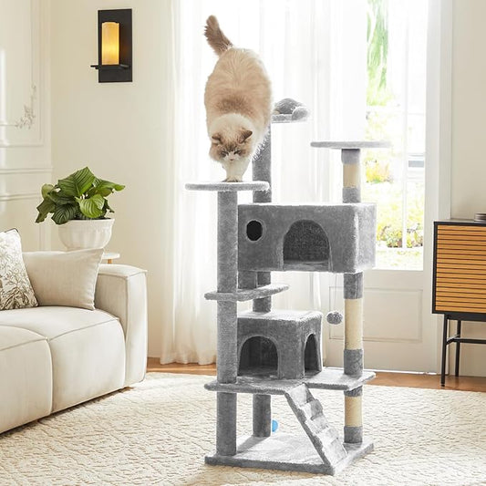 54 Inch Cat Tree, Multi-Level Cat Tower with Condo, Sisal Scratching Posts and Climbing Ladder, Play Toy Balls House for Indoor Cats, Light Grey