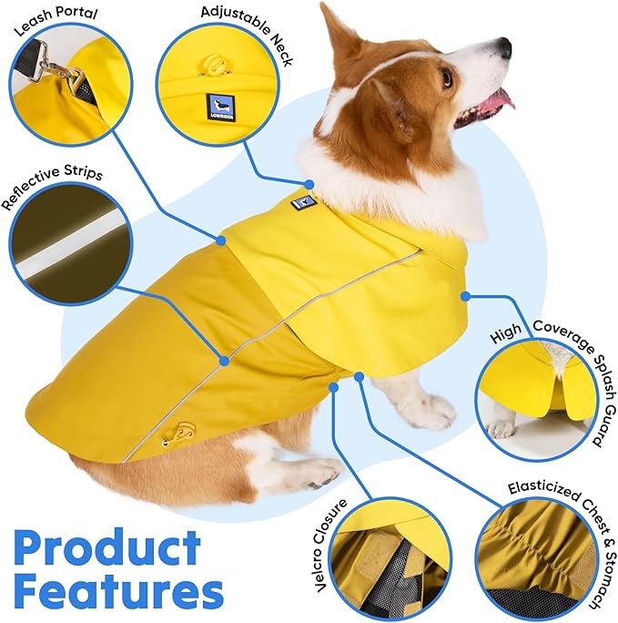 LOWRIDER Dog Raincoat- Adjustable Waterproof, Windproof, and Lightweight All Weather Rain Jacket and Poncho with Reflective Stripes, Yellow (Medium)