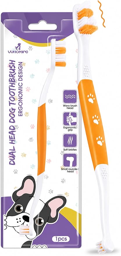 Dog Toothbrush – Newly Upgraded Dual-Head Design with 60° Wavy Bristles–Gently Surrounds Teeth for Deep Cleaning and Plaque Removal – Non-Slip Handle, Ideal for Daily Pet Dental Care (Orange, 1-Pack)
