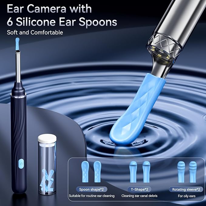 Tomaje Ear Wax Removal Tool Camera, Ear Cleaner with Camera, 1080P HD Ear Camera and 6 LED Light, Ear Wax Removal Kit with 6 Ear Pick, 6 Pcs Ear Set, Ear Camera Wax Removal for iOS & Android, Blue