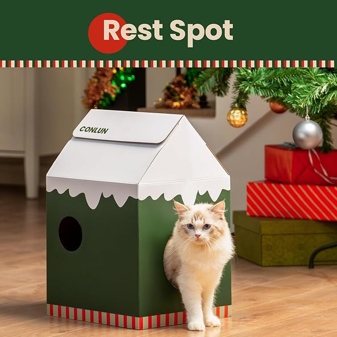 Conlun Cardboard Cat House with Scratch Pad & Catnip, Cat Play Scratching House for Indoor Hideaway Furniture, Heavy Duty Sturdy Cardboard Scratcher, Easy to Assemble Birthday Gift, Medium