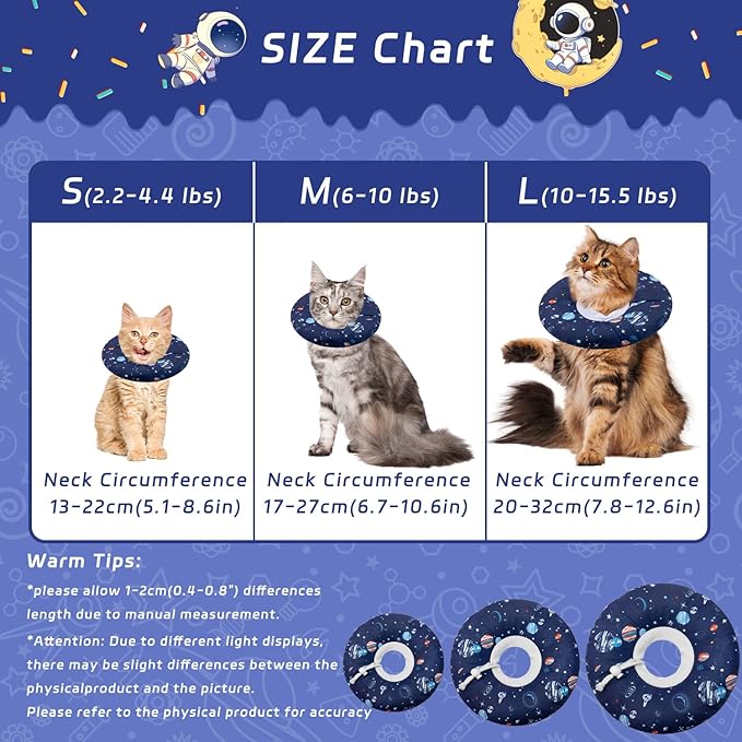 Seyezo Cat Cone Collar Soft, Adjustable Cat Cones to Stop Licking, Donut Kitten Spay Recovery Cone After Surgery, Elizabethan Protective Cone Recovery Cats Collar Alternative(Planet, S)
