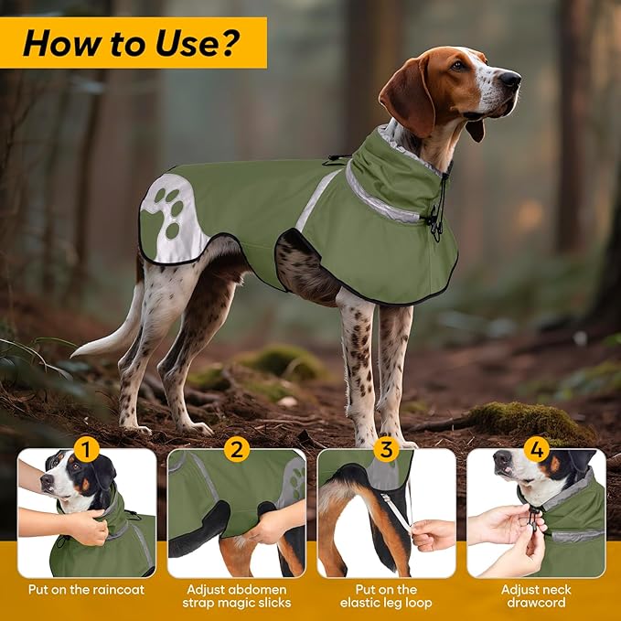 Dog Raincoat for Large Dogs, Adjustable Rain Jacket for Dogs, Waterproof Slicker Jacket for Adventures, Walking, Hunting（L,Dark Green）