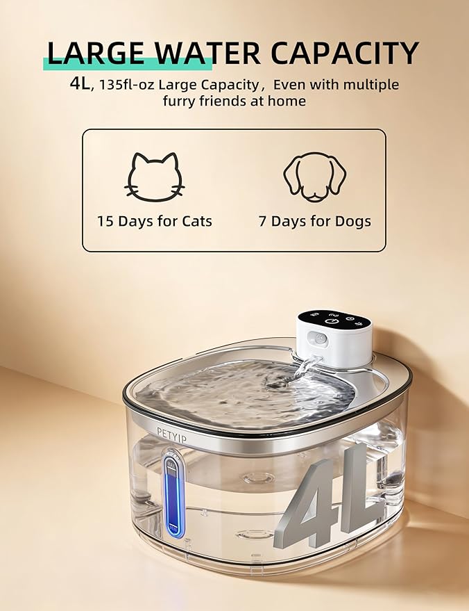 Wireless Cat Water Fountain Stainless Steel,135fl-oz/4L Battery Operated Automatic Pet Water Dispenser,Cordless Dog Water Fountain,Water Fountains for Cats Indoor,Ultra Quiet (Cat Fountain + 7 Filter)