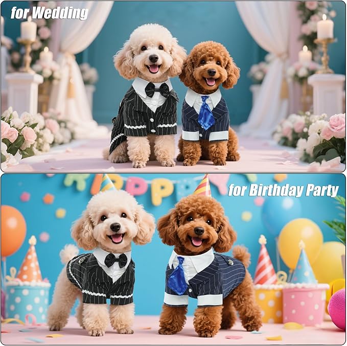DENTRUN Dog Tuxedo Suit with Bow Tie - Formal Black & White Striped Pet Costume Shirt, Elegant Wedding Outfit Birthday Party Attire for Golden Retriever Husky Border Collie Large Dogs, XXXL