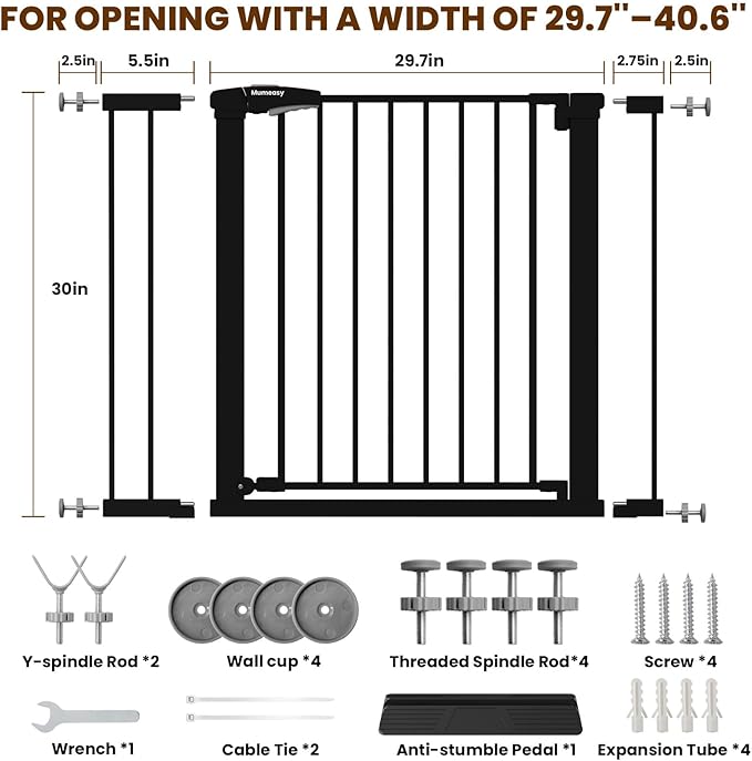 Mumeasy 29.7-40.6" Baby Gate for Stairs, Auto Close Dog Gate for Doorways, Pressure Mounted No Drill Pet Gate with Easy Walk Thru Door, Double Lock, Black
