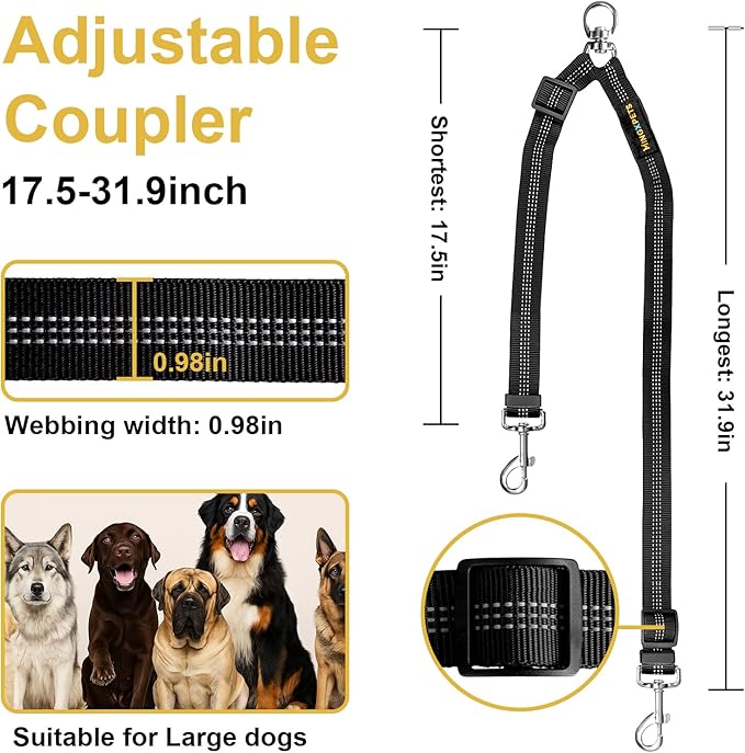MingXpet Double Dog Leash for Two Dogs, No Pull Dog Leash, 360° Swivel No Tangle for Large Dogs Walking & Training, Shock Absorbing Reflective Bungee, Black