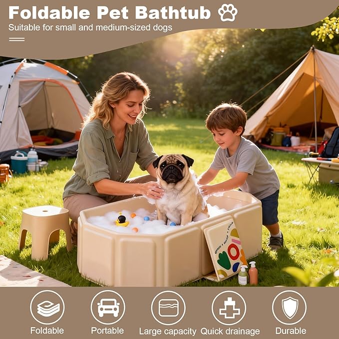 Foldable Dog Bathtub for Small to Medium Dogs & Cats, Collapsible Pet Bath Tub with Side Drain Plug, Portable Puppy Wash Tub, Rigid Panels, Fold-Flat for Carry & Storage