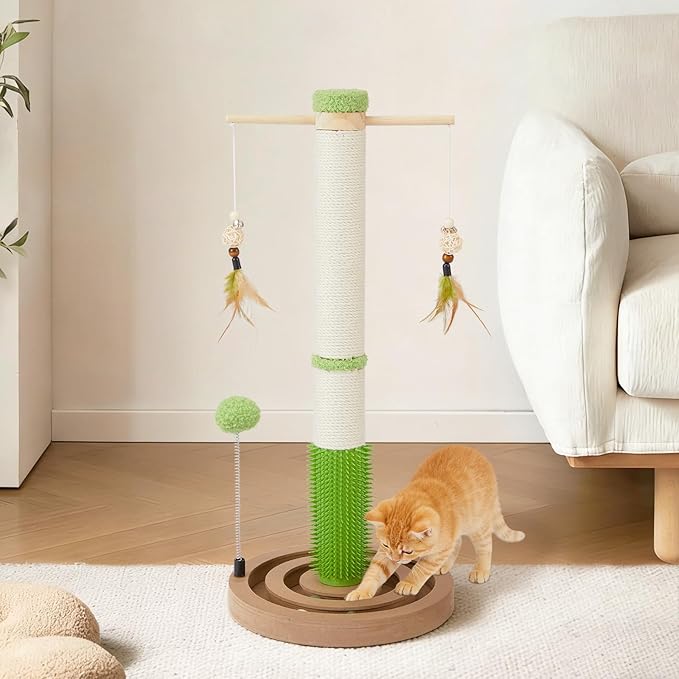Cat Scratching Post, 26 Inch Tall Scratching Posts for Indoor Small Cats and Kittens, Sisal Cat Scratch Post with Hanging Toys, Rubber Brush and Double-Layer Interactive Wooden Ball Track