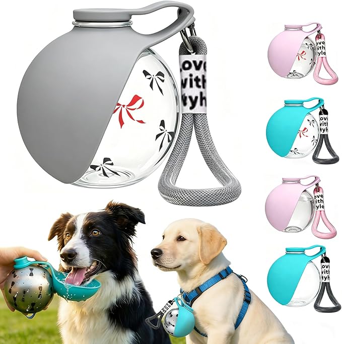 Portable Dog Water Bottle with Bowl, 10 Oz 2 in 1 Integrated Pet Water Bottle for Dogs Drinking, Leakproof Transparent Travel Water Bottle for Dogs On Walks, Hiking, Traveling (Grey Print)