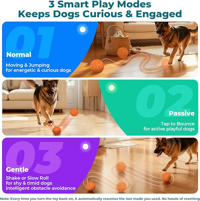 Smart Interactive Dog Ball Toys: Automatic Bouncing Rotating Moving, 3 Modes, Durable Material, Waterproof, Rechargeable Active Rolling Pet Toy for Medium Large Dogs Indoor Outdoor, Orange or Blue