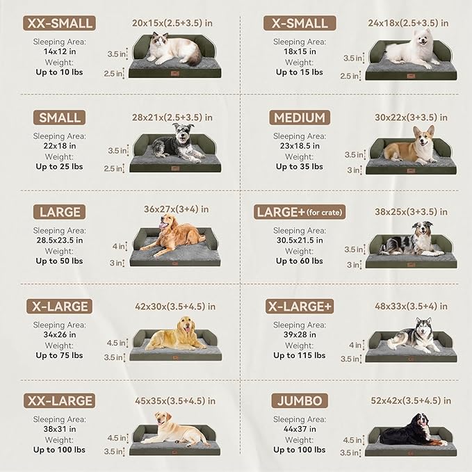 Large Dog Bed Orthopedic Washable: Orthopedic Dark Green Dog beds for XXXLarge Size Dogs, Waterproof Washable Cover with Egg Foam Removable Bolster, pet beds for Large Dogs