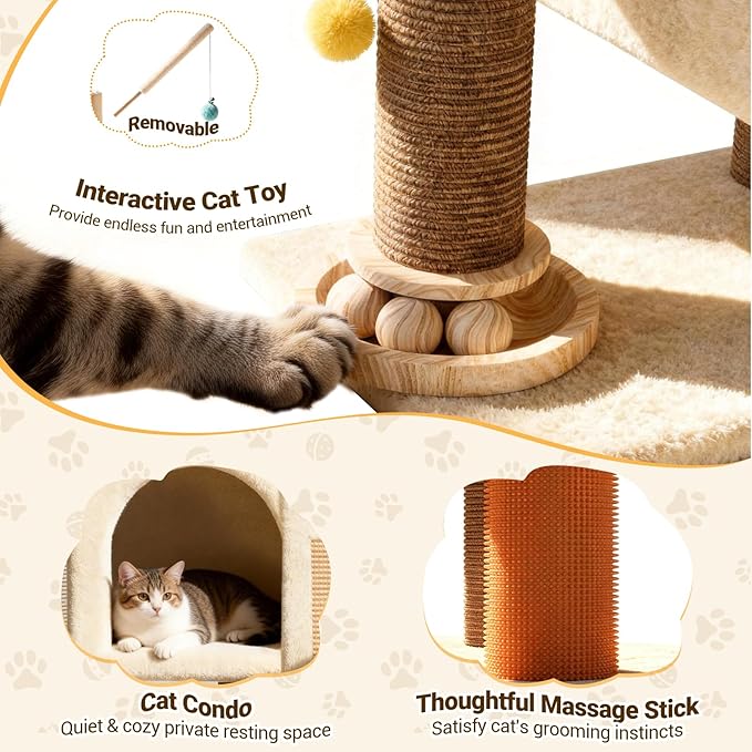 【Scratch & Playhouse】 PetDance Small Cat Tree Tower with Scratching Posts【100% Natural Sisal 】, Wood Track Ball Toy & Self-Grooming Brush for Bored Indoor Cats, Oatmeal
