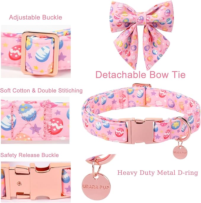 Easter Day Dog Collar with Bow, UP URARA PUP Easter Eggs Adjustable Pet Collar Bowtie with Metal Buckle, Colorful Eggs Cotton Dog Collars for Small Medium Large Dogs, XS