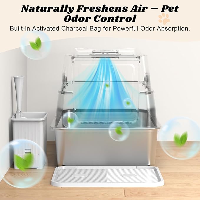 AIPERRO Enclosed Stainless Steel Cat Litter Box with Lid, FILP-Top High Sided Enclosure Metal Litter Boxes with Scoop Set for Big Cats, Non-Sticky, Anti-Leakage, Easy Cleaning,Transparent Grey