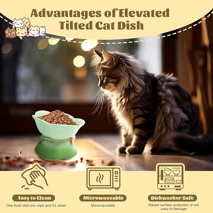 4Pcs Ceramic Raised Cat Bowl Elevated Cats Bowls Tilted Cat Food Dishes Pet Bowl Stand Feeder Cute Cats Bowl for Kittens Puppies Small Dog Whisker Fatigue Protect Kitten Spine