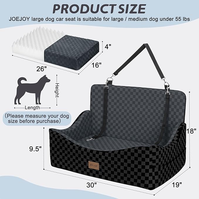 JOEJOY Dog Car Seat for Medium/Large Dogs - Reversible Dual-Sided Travel Dog Car Bed with Memory Foam, Washable Pet Booster Seat for Do gs up to 55 lbs or 2 Small Dogs, 2 Safety Leashes, Dark Grey