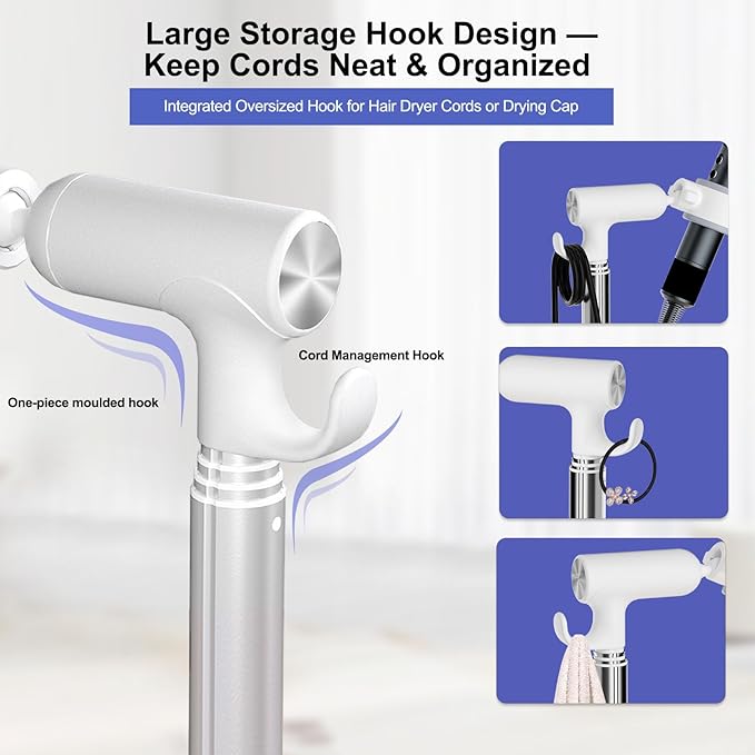 Hair Dryer Stand with 360 Rotating Head, Hands Free, Large Hook,Heavy Duty Base, Adjustable Height, TPU Padded Clip, Aluminum Alloy Holder for Home or Salon (White)