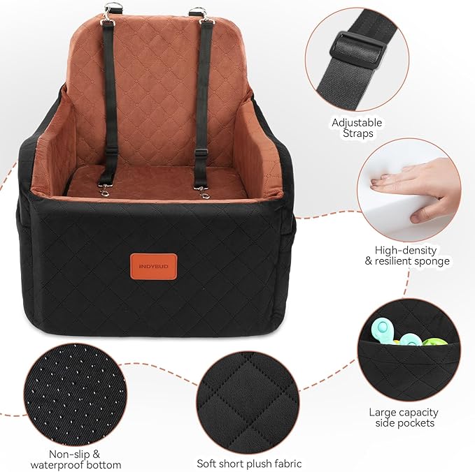 Dog Car Seats for Small/Medium Dogs, Memory Foam Dog Booster Seat for Dogs up to 35 lbs, Travel Safety Pet Car Seat with Washable Removable Cover and Storage Pockets (Black/Brown, Medium)