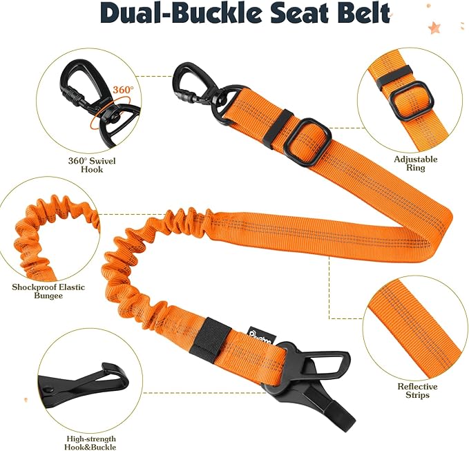 Pawaboo Dog Seat Belt Harness for Car, Dog Car Harness Seatbelt with Double Clips, Adjustable Breathable Pet Vest & Dogs Safety Tether with Elastic Bungee for Small Medium Large Pet, XL, Orange/Black