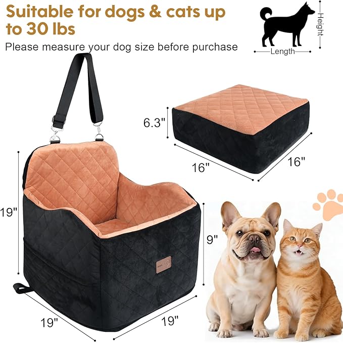 Juniverse Dog Booster Car Seat for Small to Medium Dogs Up to 30 lbs, Memory Foam, Washable Velvet Fabric Cover, Safety Leash, Storage Pockets, 19x19x19 Inches (Black/Tan)