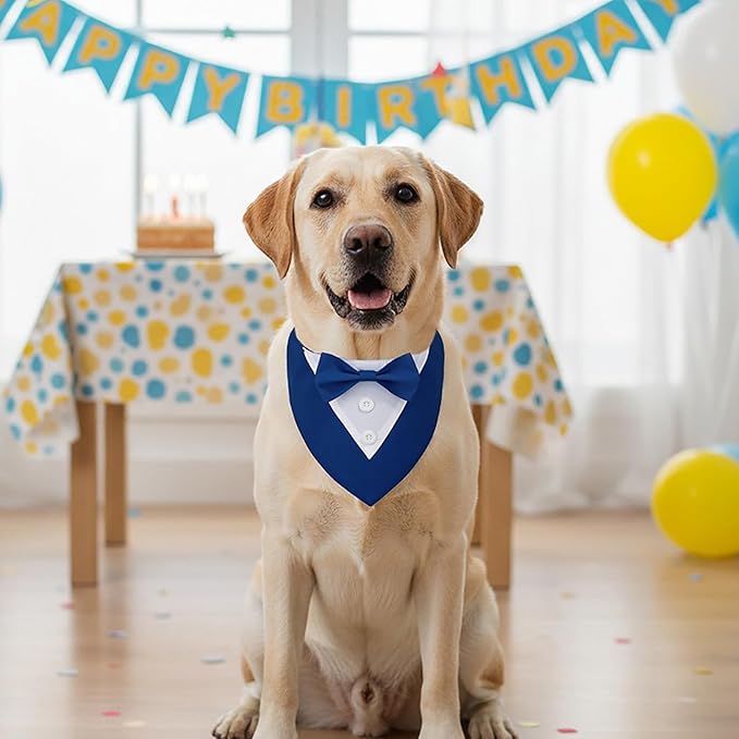 ADOGGYGO Blue Dog Tuxedo Bandana, Formal Wedding Bow Tie Collar, Adjustable Birthday Wedding Costume for Large Dogs (L)