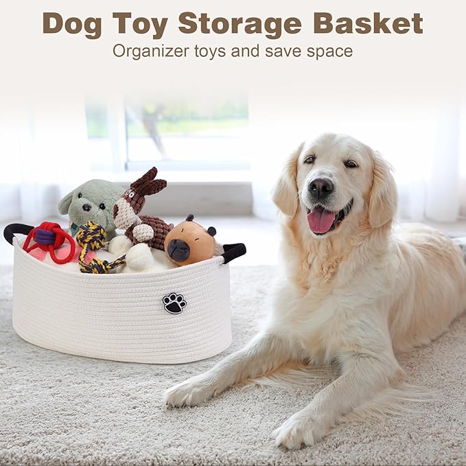 Optish Dog Toy Basket, Toy Storage Box and Bin with Handles, 19.7" X 11" X 7.9" (30L) Large Woven Rope Basket for Blankets, Living Room, Bedroom, White
